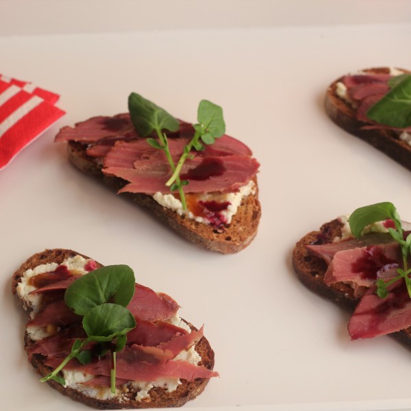Smoked Duck, Spiced Ricotta and Fig Jam Toasts